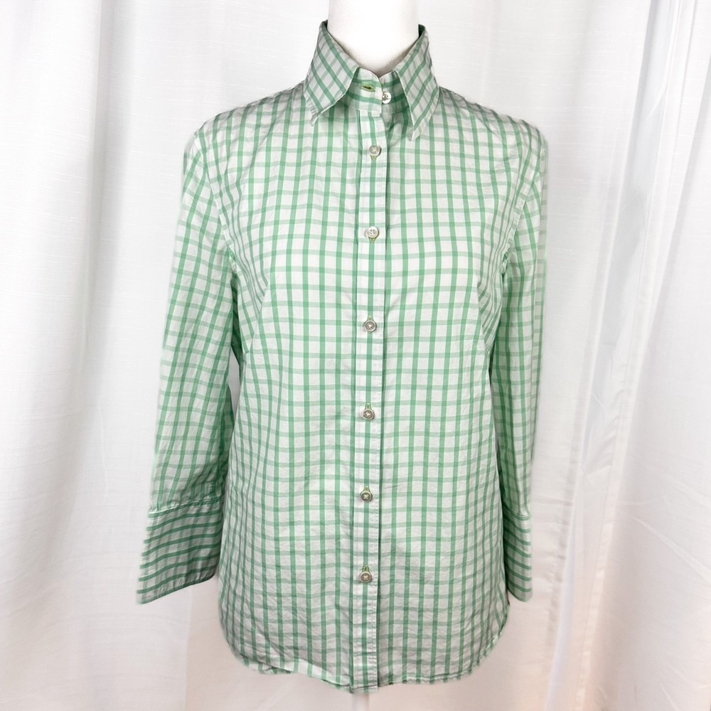 J McLaughlin Button Up Shirt Womens 10 Green White Check Cotton Preppy